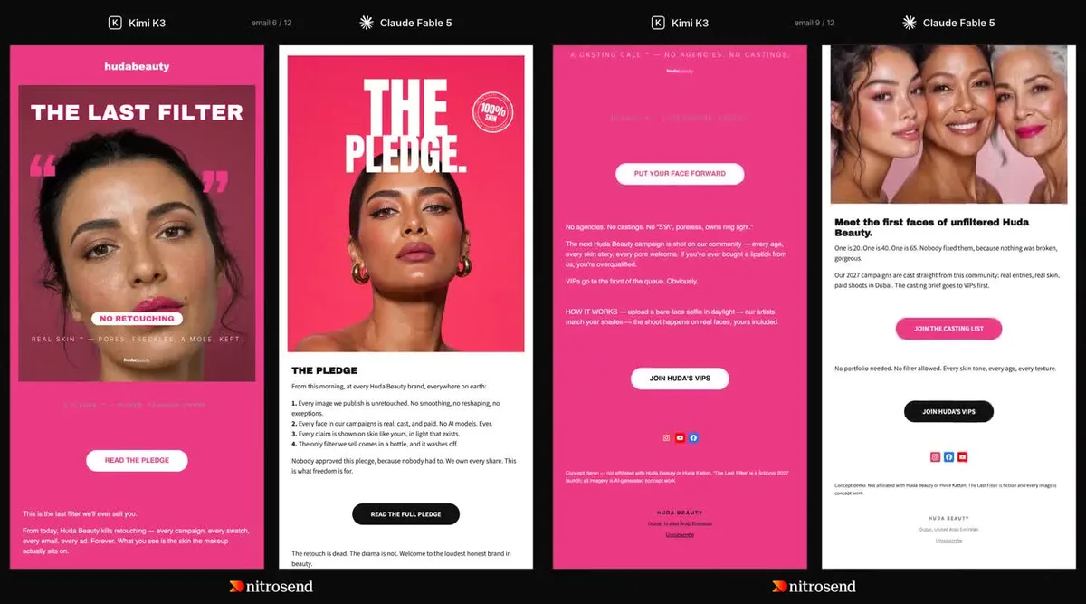 Side-by-side concept emails for Huda Beauty, created inside Nitrosend