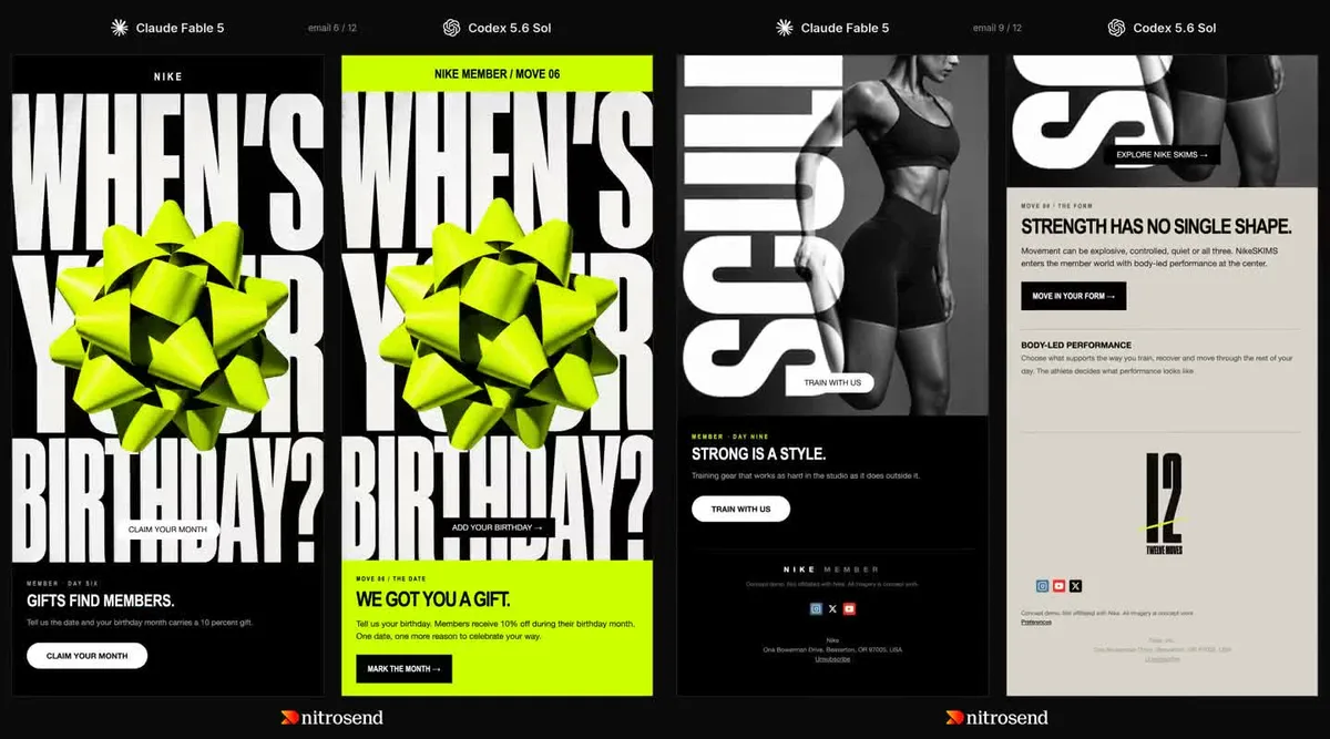 Side-by-side concept emails for Nike, created inside Nitrosend