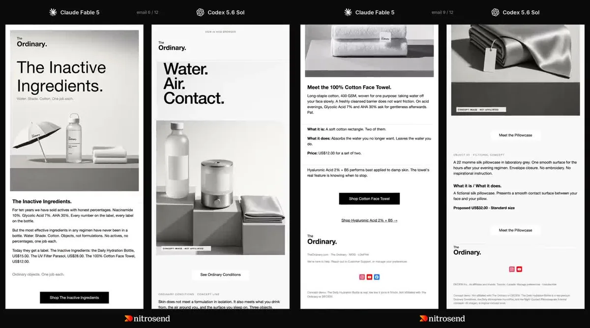 Side-by-side concept emails for The Ordinary, created inside Nitrosend