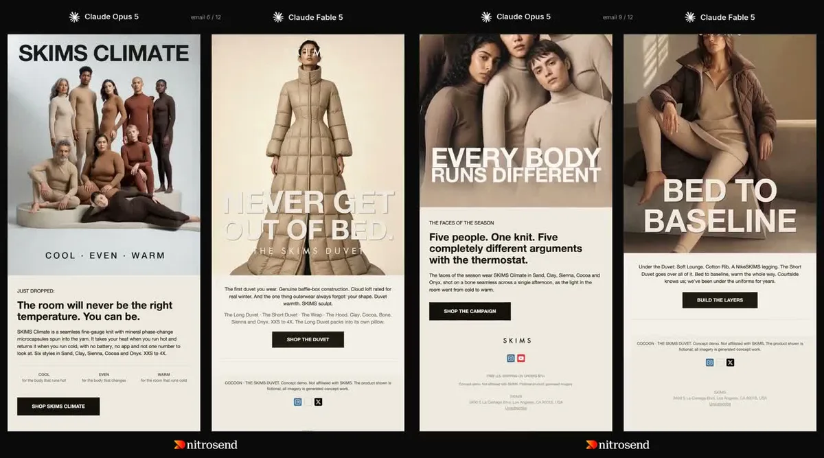 Side-by-side concept emails for SKIMS, created inside Nitrosend