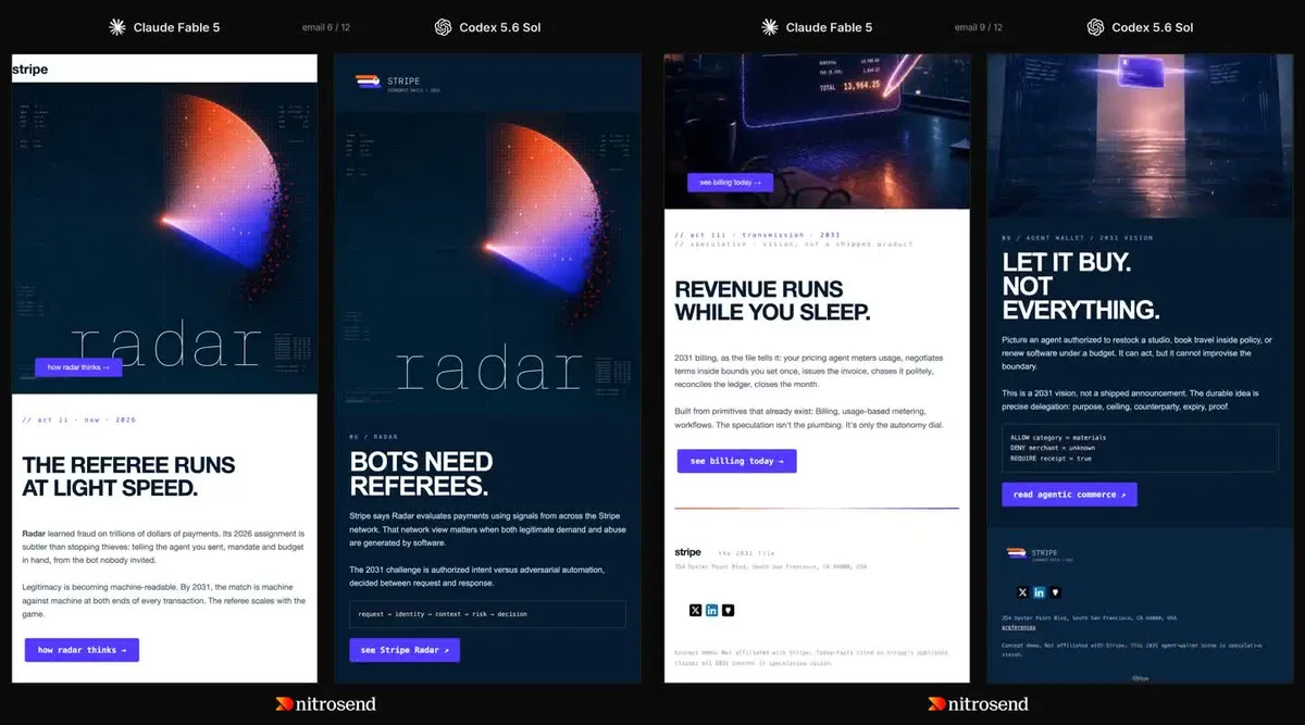 Side-by-side concept emails for Stripe, created inside Nitrosend
