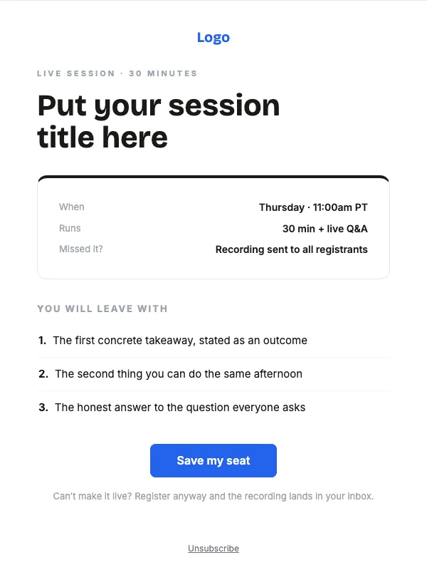 Save Your Seat email template