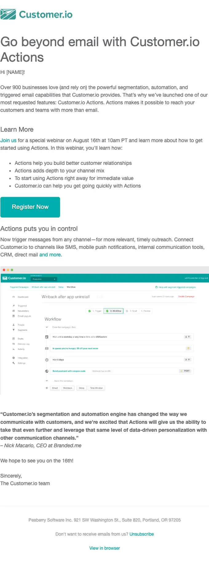 Customer.io webinar email, full length