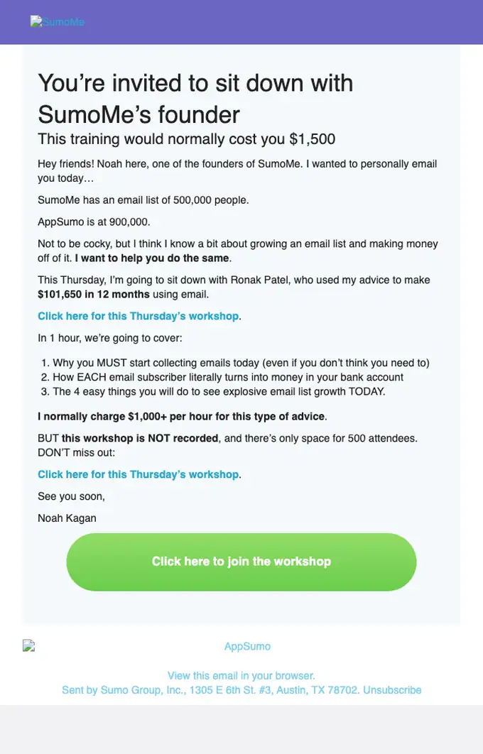 SumoMe event invite email, full length