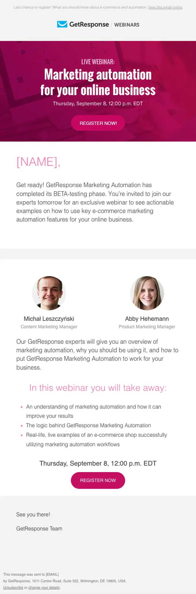 GetResponse webinar email, full length
