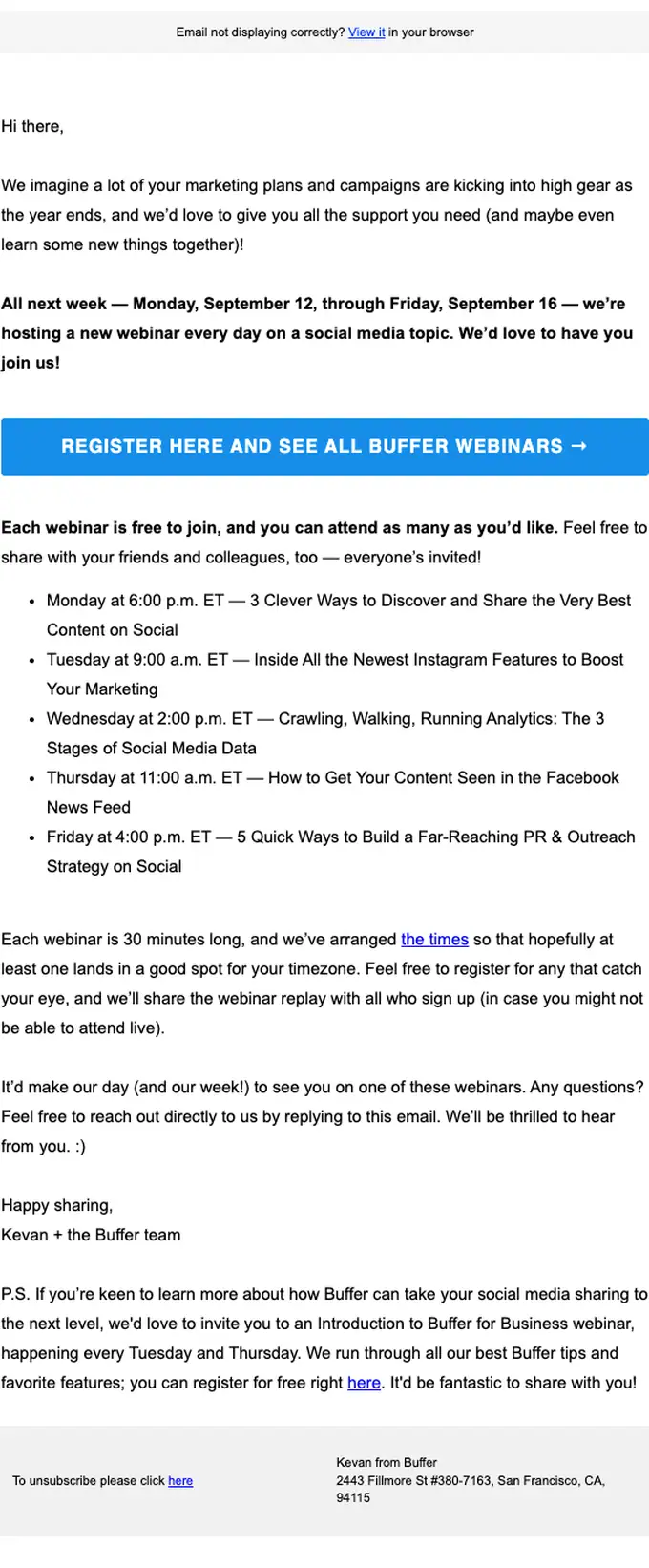 Buffer webinar email, full length