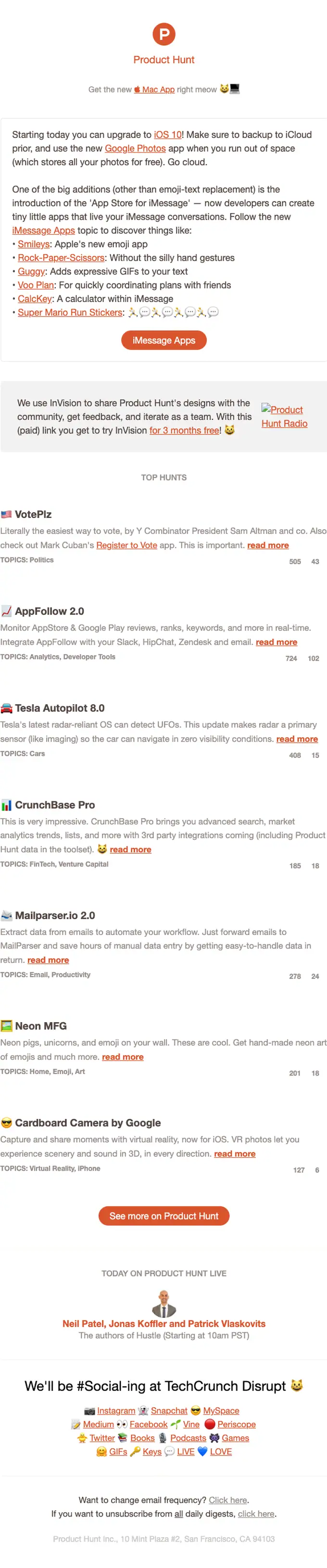 Product Hunt newsletter email, full length