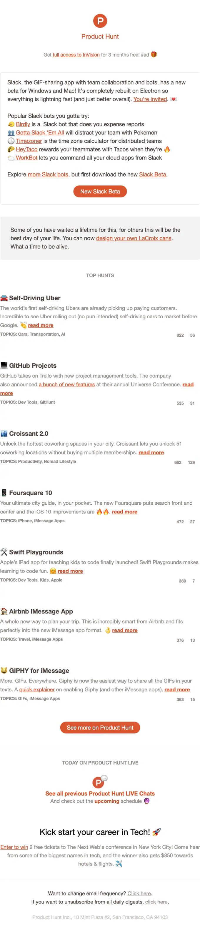 Product Hunt newsletter email, full length