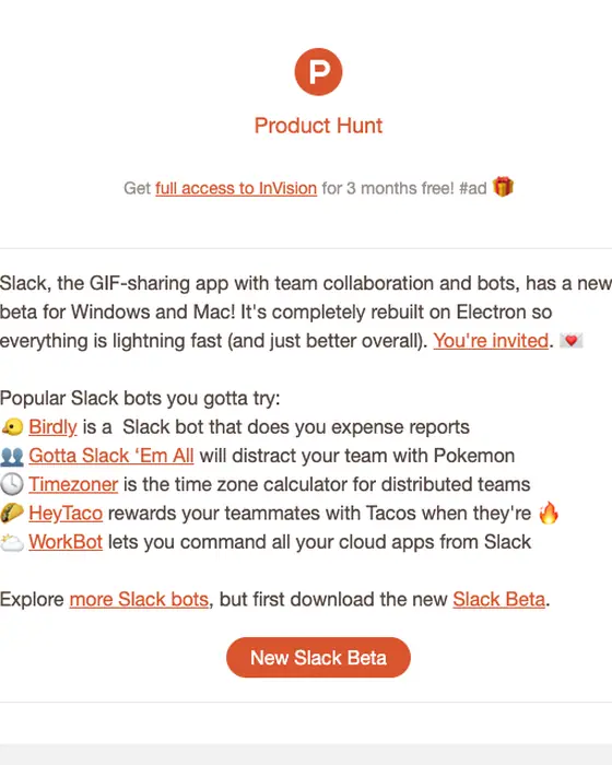 Product Hunt newsletter email