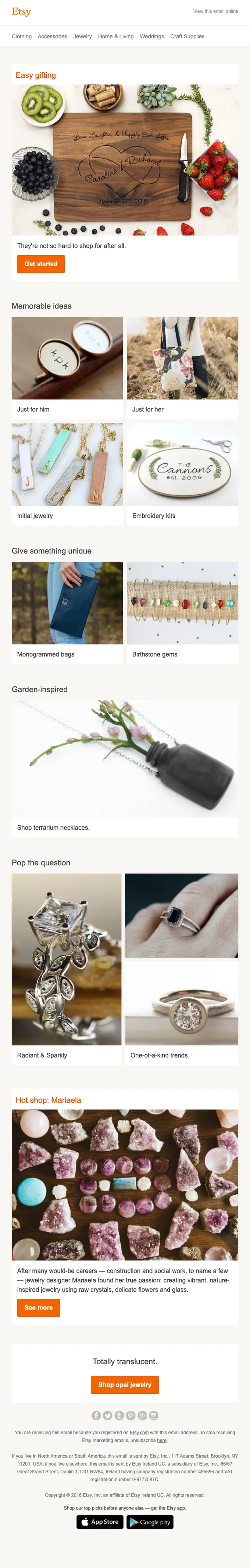 Etsy promotional email, full length