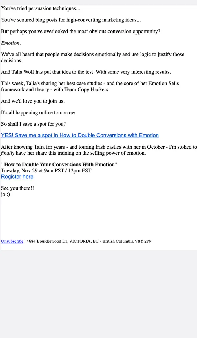 Copy Hackers webinar email, full length