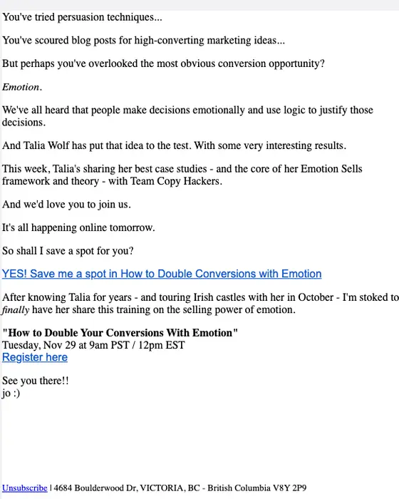 Copy Hackers webinar email