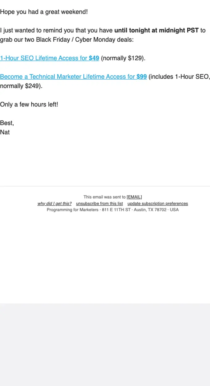 Programming for Marketers discount offer email, full length