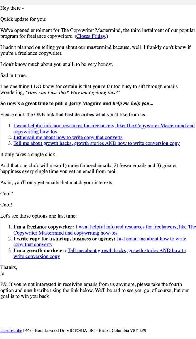 Copy Hackers re engagement email, full length