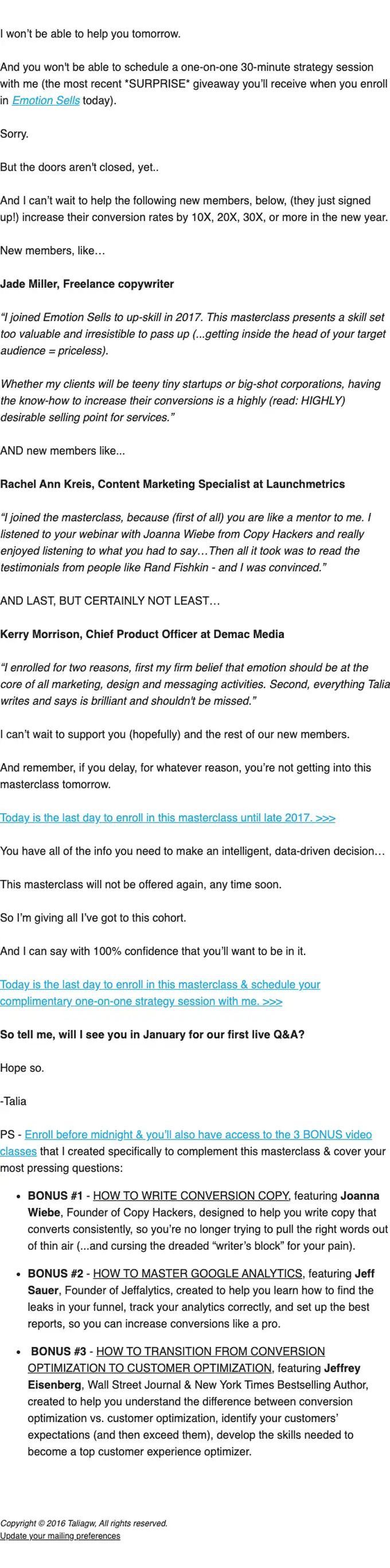 Talia Wolf promotional email, full length
