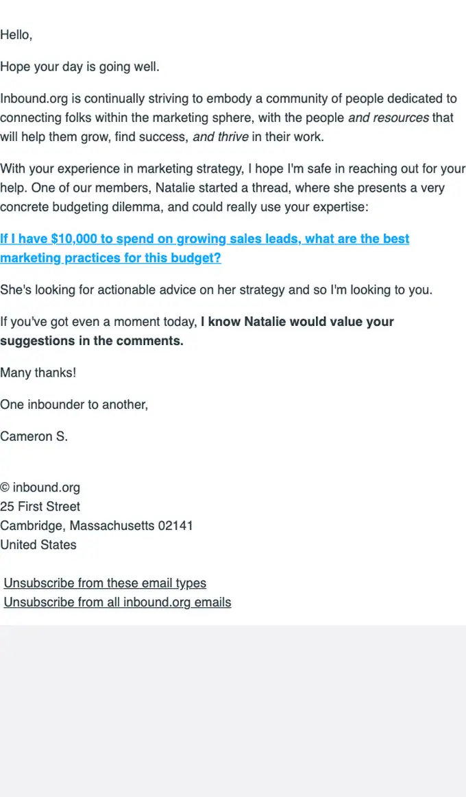 inbound.org survey email, full length