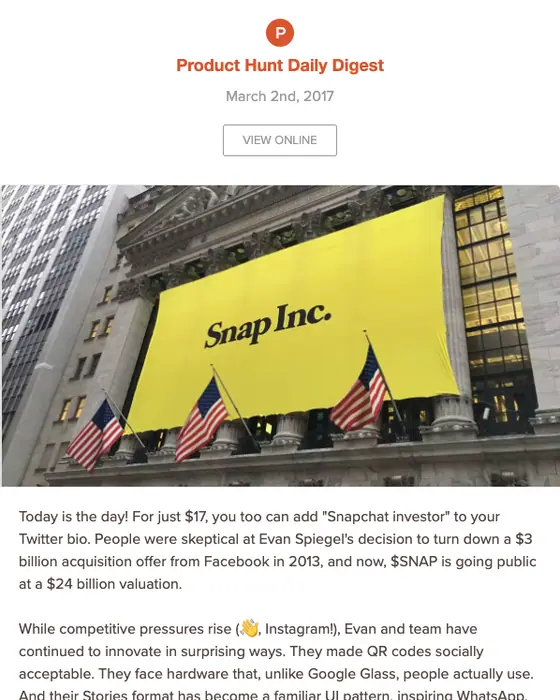Product Hunt Daily digest email