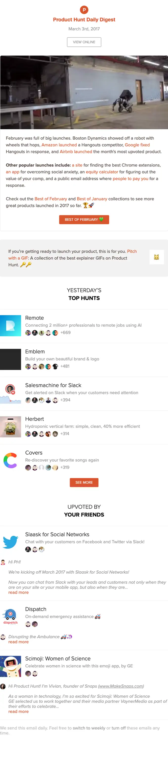Product Hunt Daily digest email, full length