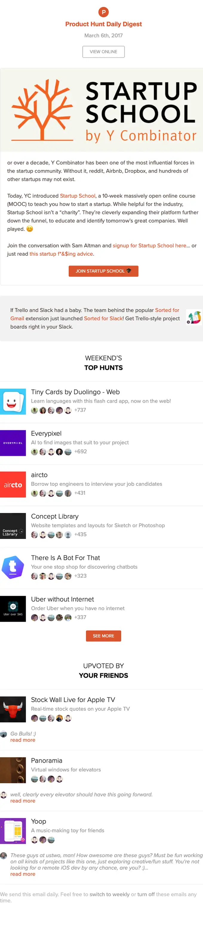 Product Hunt Daily digest email, full length