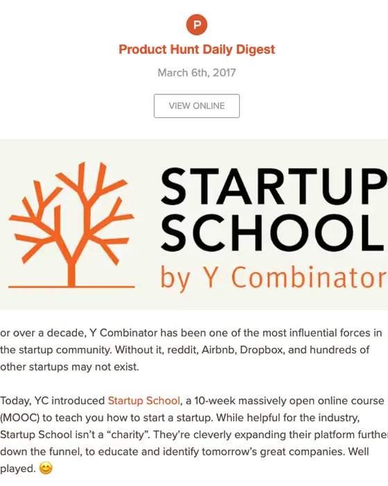 Product Hunt Daily digest email