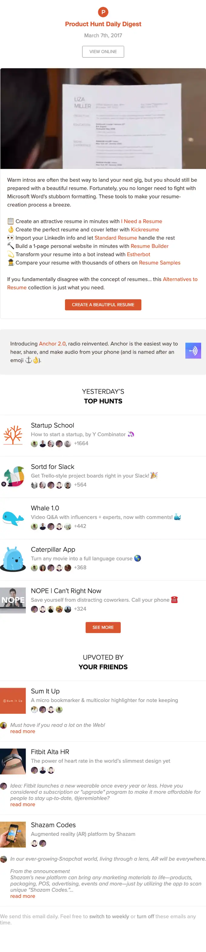 Product Hunt Daily digest email, full length