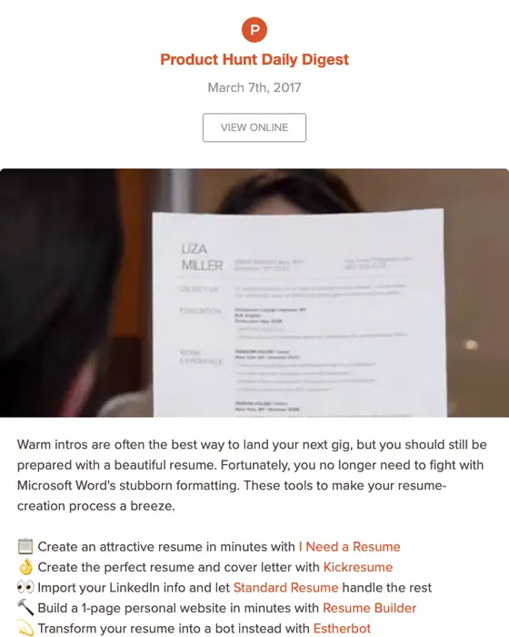 Product Hunt Daily digest email