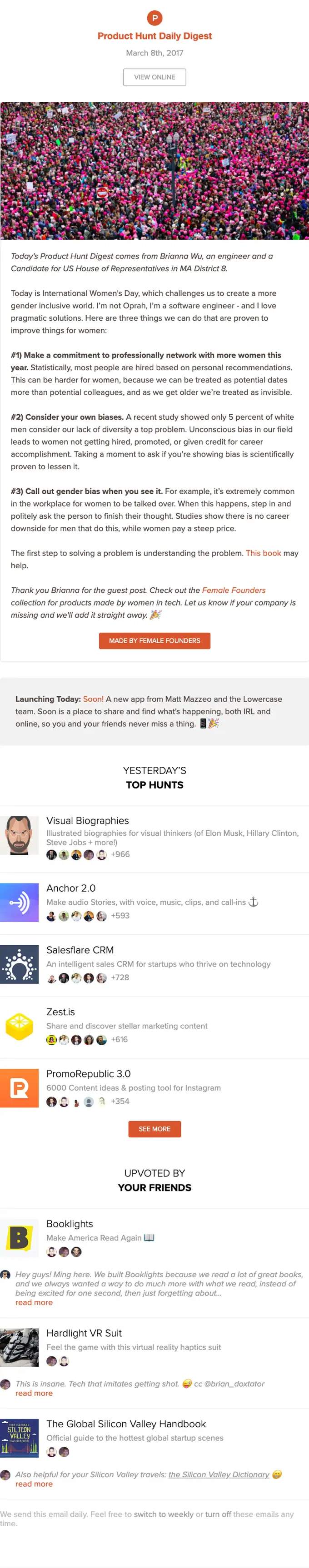 Product Hunt Daily newsletter email, full length