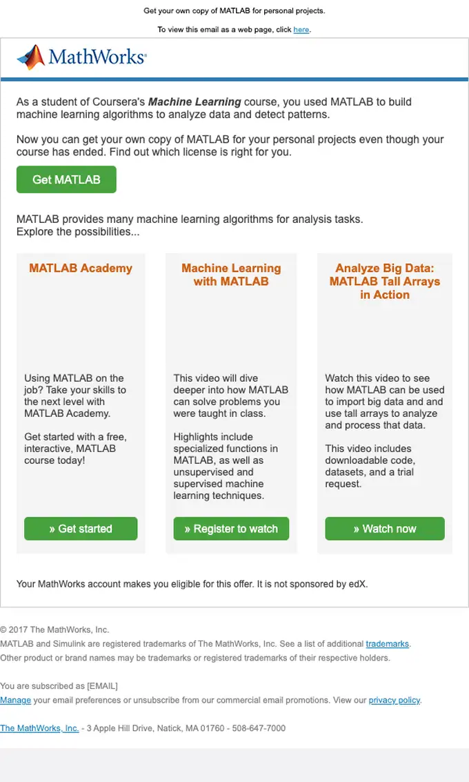 MathWorks MOOC Team promotional email, full length