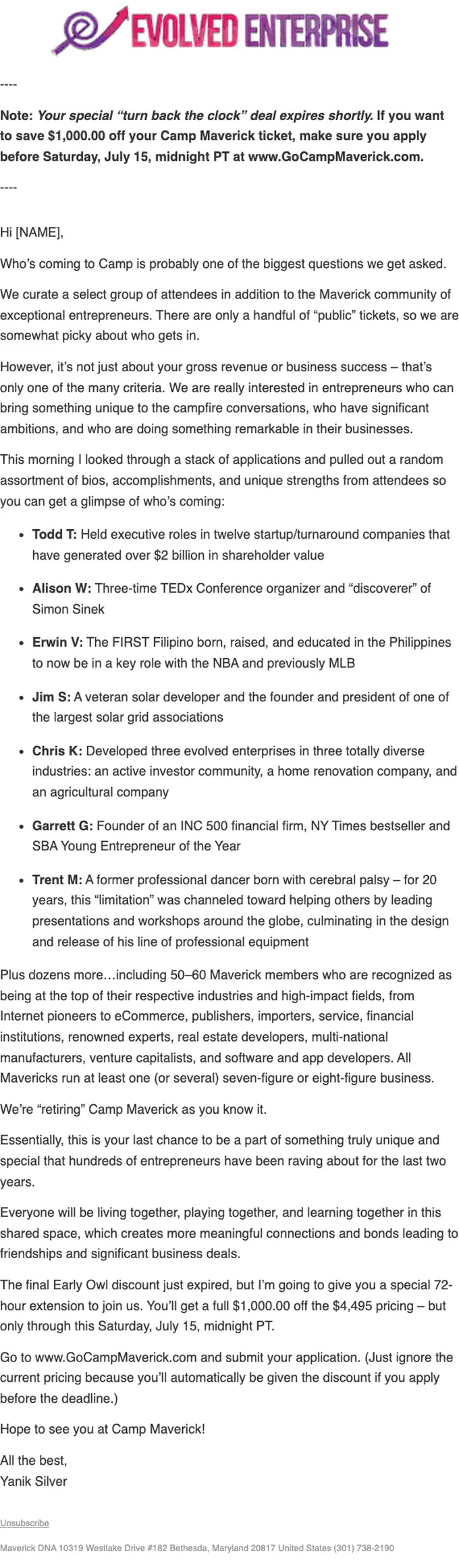 Maverick DNA event invite email, full length