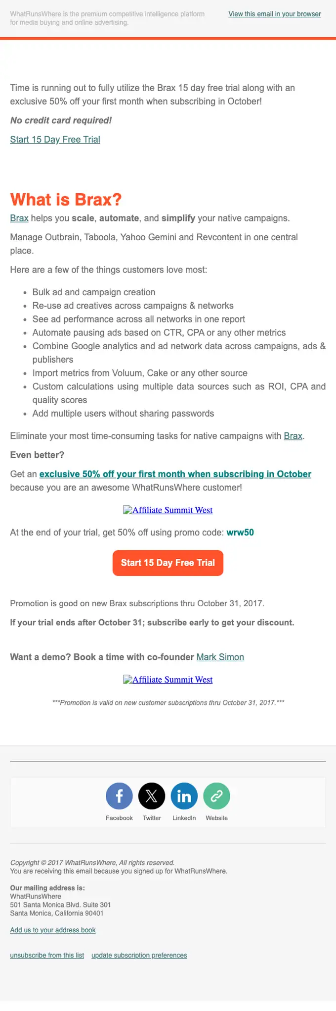 WhatRunsWhere discount offer email, full length
