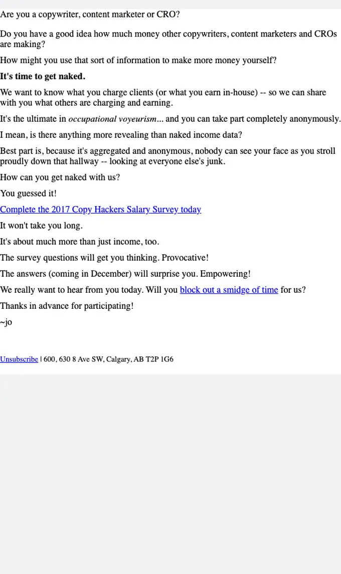Copy Hackers survey email, full length