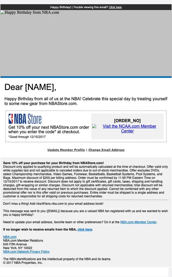 NBA.com promotional email, full length
