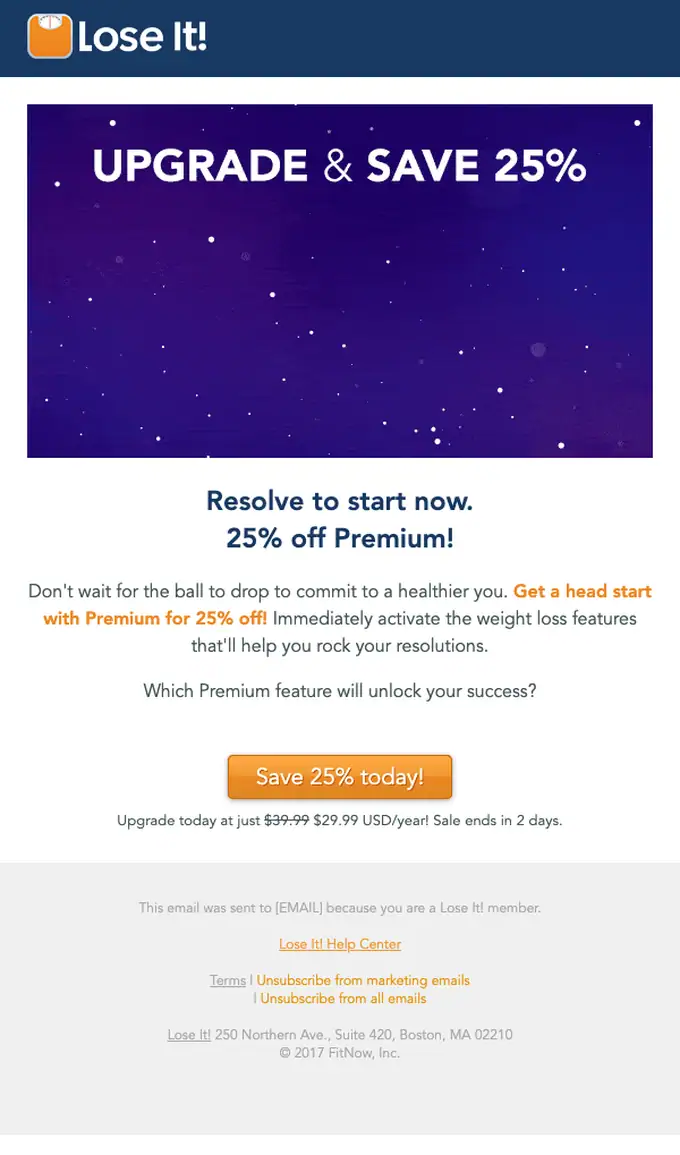 Lose It! discount offer email, full length