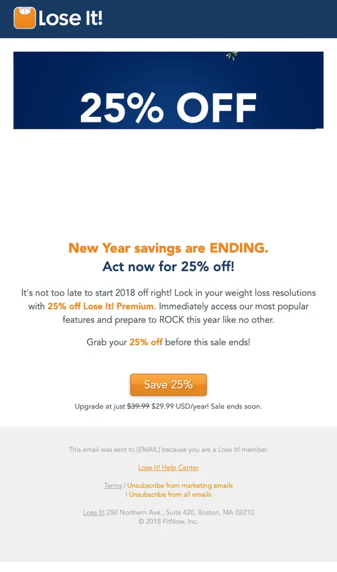 Lose It! discount offer email, full length