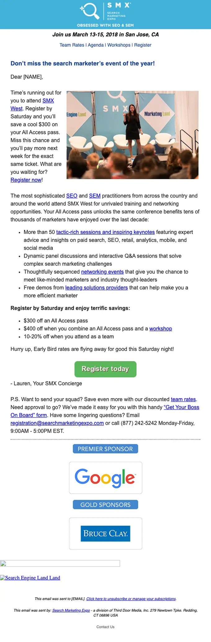 SMX promotional email, full length