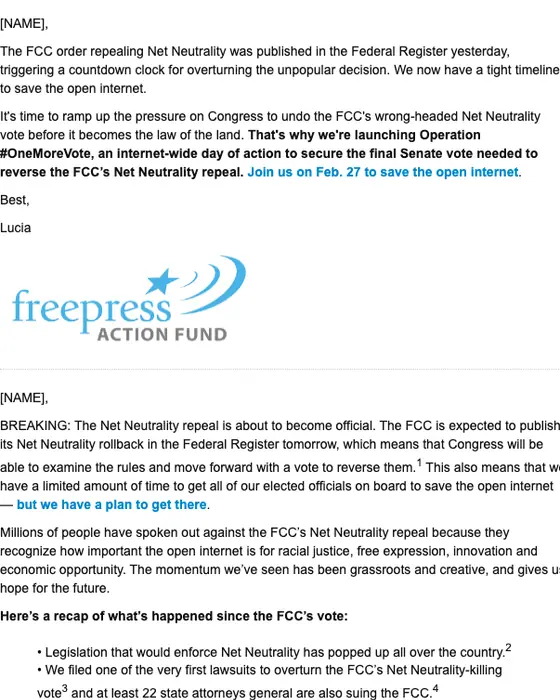 FreePress.net newsletter email