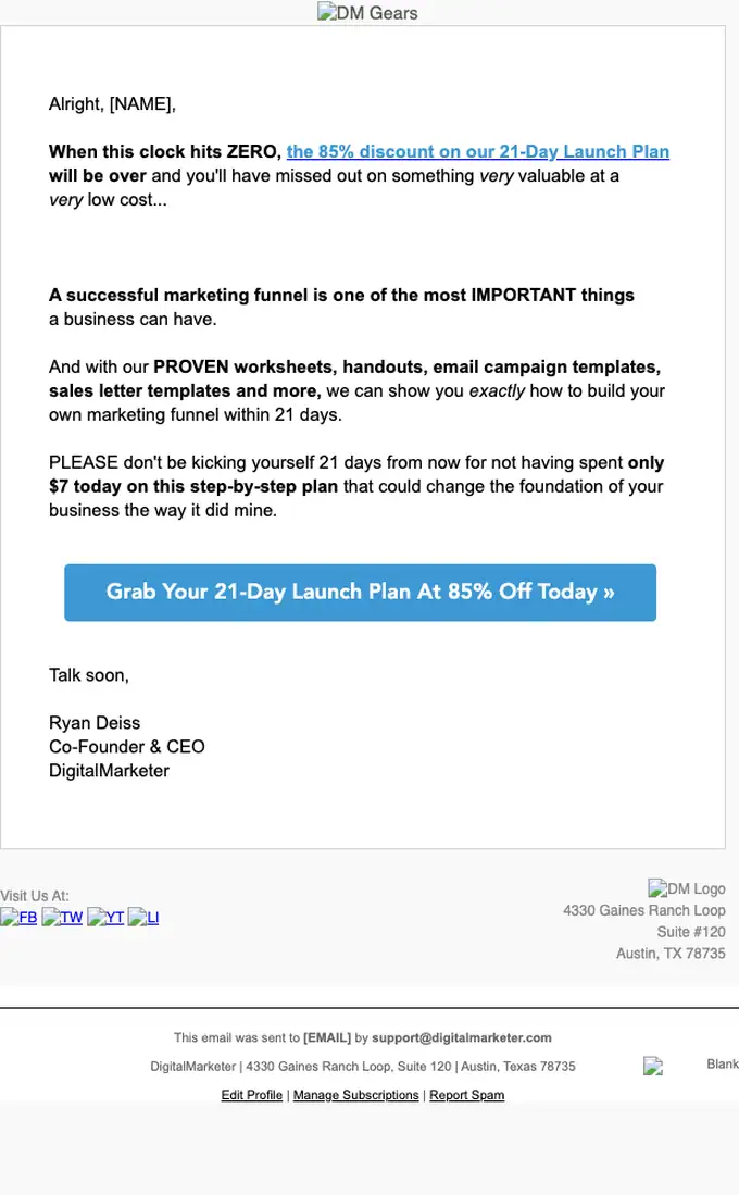 DigitalMarketer discount offer email, full length