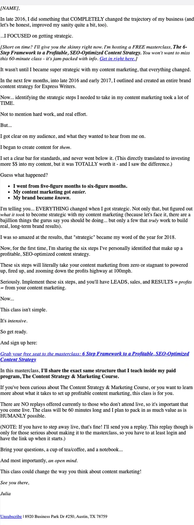Express Writers event invite email, full length