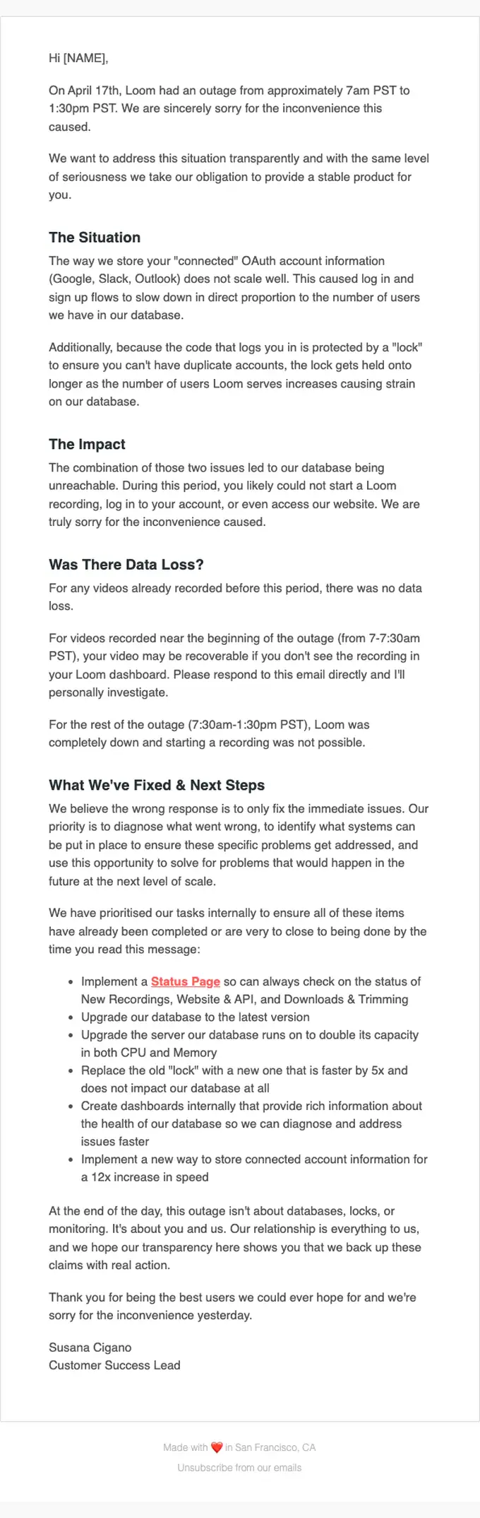 Loom account notice email, full length