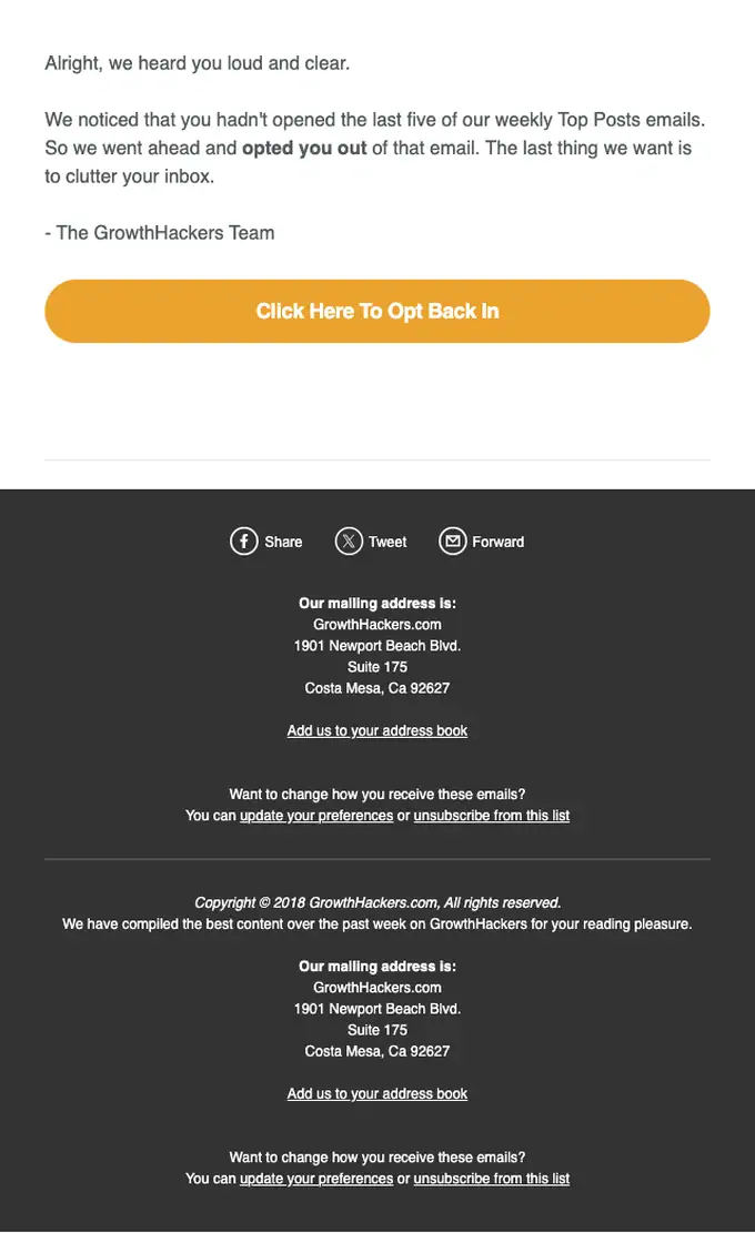 GrowthHackers account notice email, full length