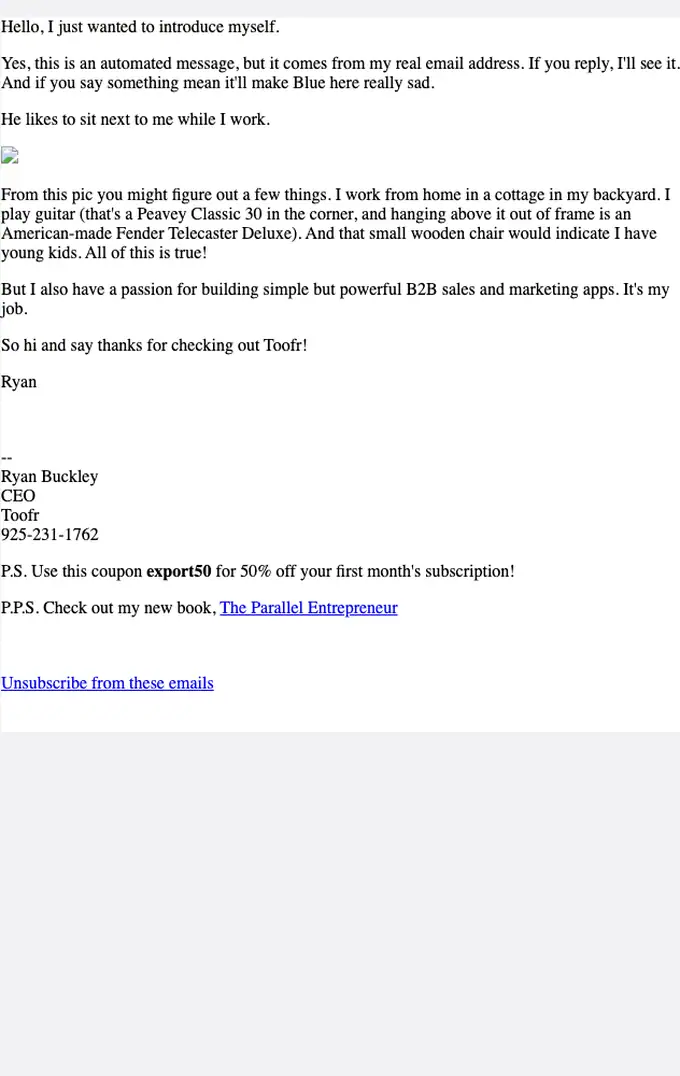 Toofr welcome email, full length