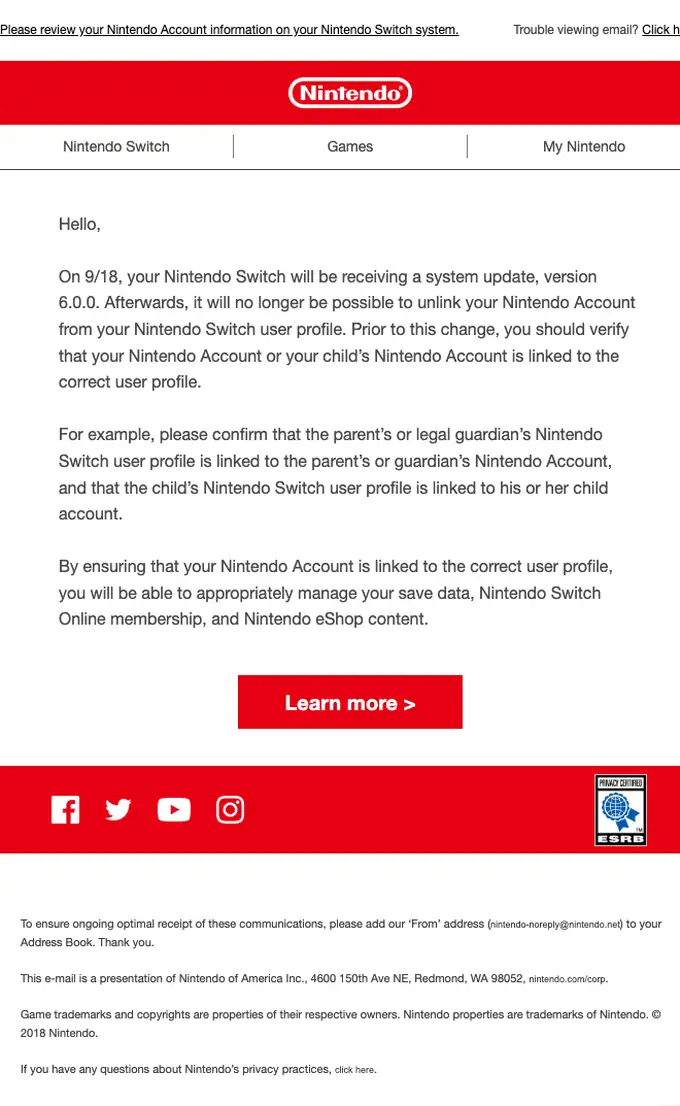Nintendo account notice email, full length