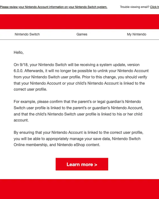 Nintendo account notice email