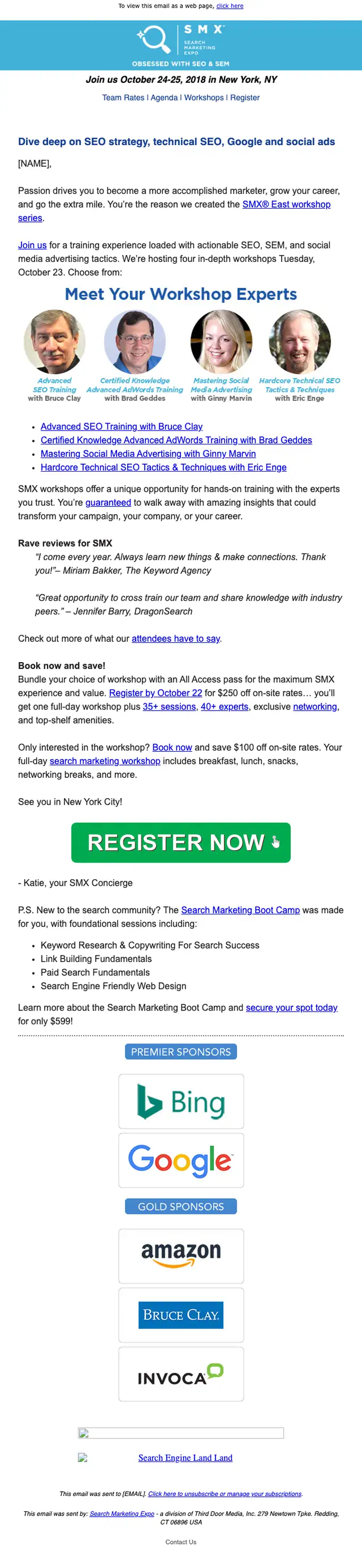 SMX East event invite email, full length
