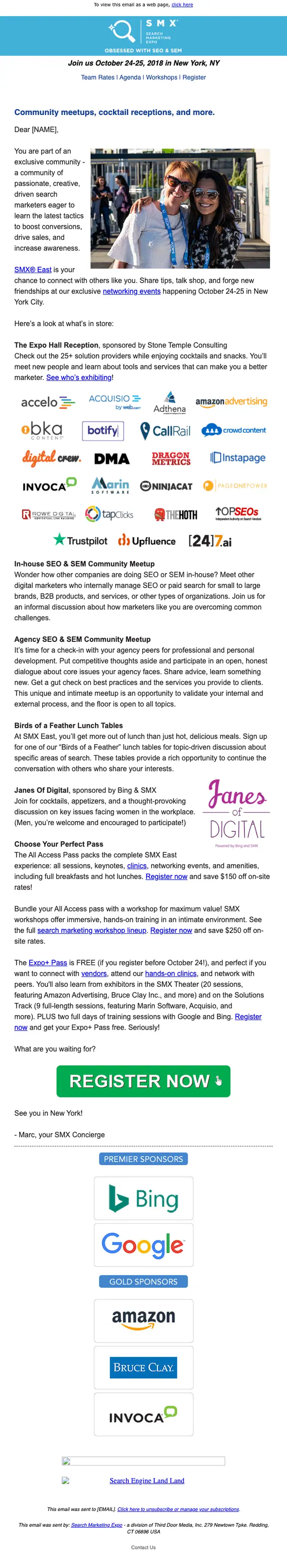 SMX East event invite email, full length