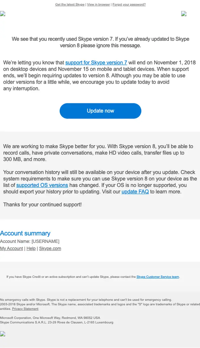 Skype account notice email, full length