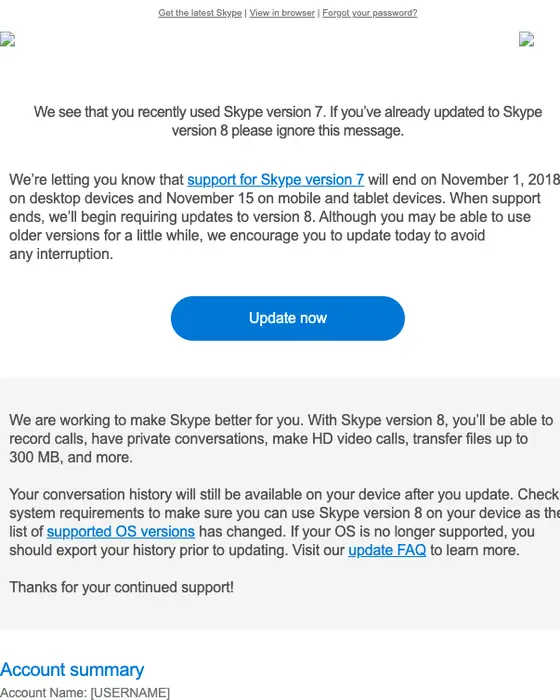 Skype account notice email