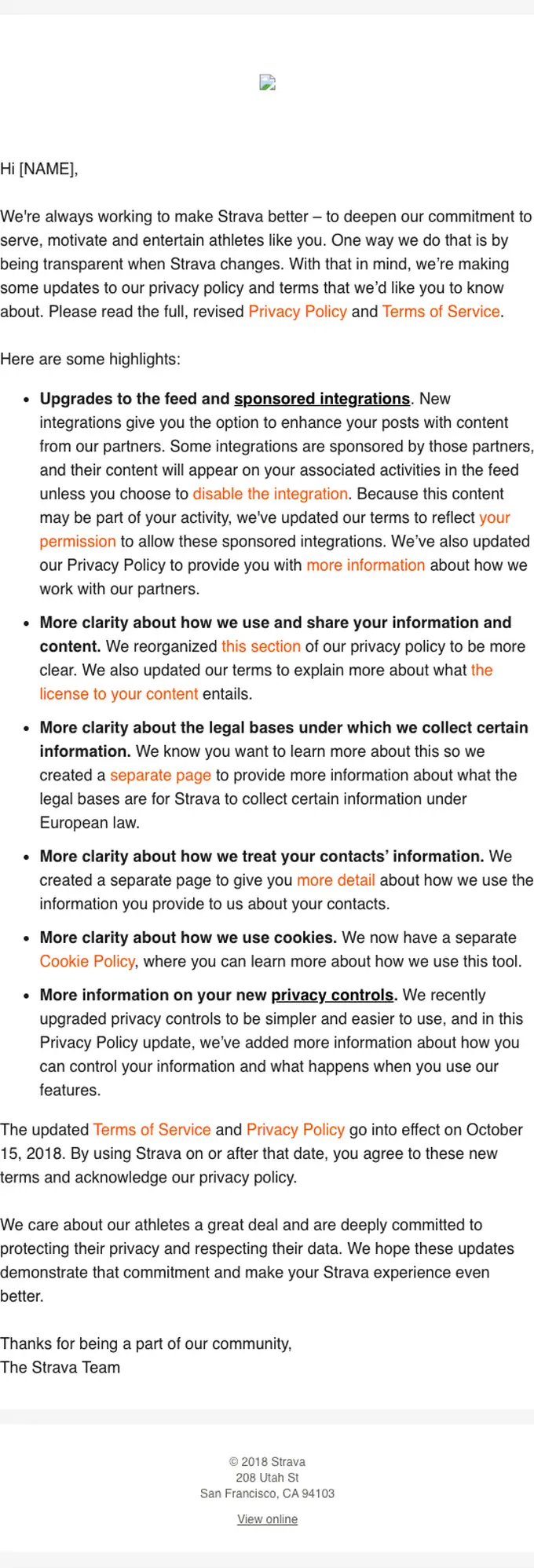 Strava account notice email, full length