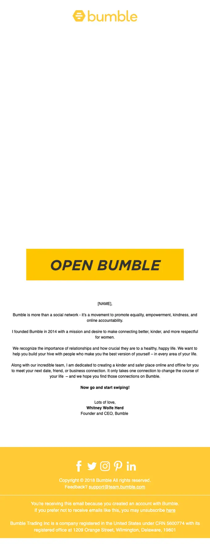 Bumble welcome email, full length