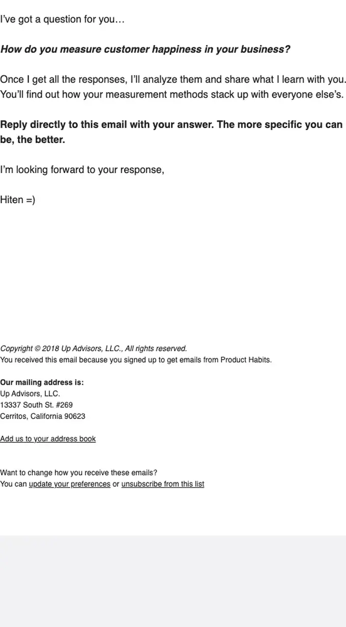 Product Habits survey email, full length
